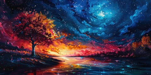 Aufkleber - Beautiful painting of a sunset with a tree in the foreground. Ideal for home decor or nature-themed designs