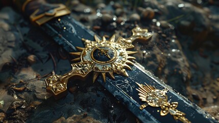Aufkleber - A cross laying on a rock in the woods. Suitable for religious themes