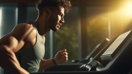 Aufkleber - A man running on a treadmill in a gym. Perfect for fitness and exercise concepts