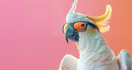 Sticker - A white parrot wearing sunglasses and a beak. domestic pet bird in a solid pink pastel background. tropical summer vacation concept. web banner funny birthday party card invitation