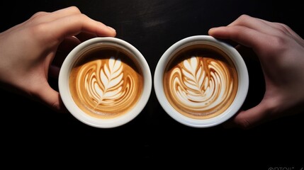 Canvas Print - Two hands holding two cups of coffee. Great for coffee shop promotions