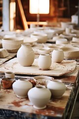 Poster - Group of white vases on a table, suitable for home decor