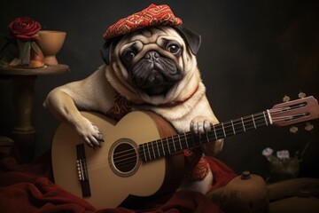 Sticker - Cute pug dog playing guitar with a hat, perfect for pet and music themed designs