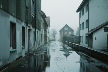 Poster - A wet street with buildings in the background. Suitable for urban and cityscape themes
