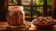 Raw pinto beans in glass jar on wooden background. 