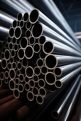 Poster - A pile of metal pipes stacked on top of each other. Suitable for industrial and construction concepts