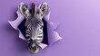 photo of cute zebra that punched a hole in the paper and is trying to get out through vivid purple paper wallpaper, in the style of playful body manipulations. funny birthday party card invitation
