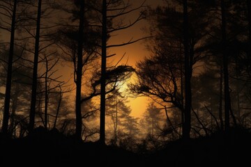 Poster - Sunlight filtering through dense forest trees, suitable for nature and environmental themes