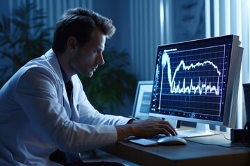 Poster - A man sitting in front of a computer monitor. Suitable for technology concepts