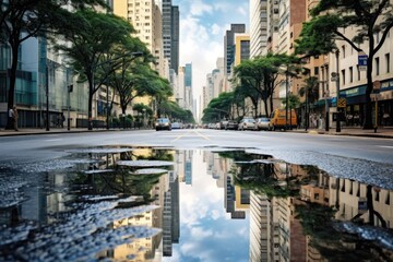 Poster - A puddle of water on a city street. Suitable for urban themes