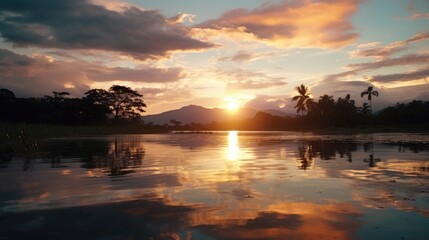 Poster - Scenic view of sunset reflecting on water surface, perfect for travel brochures or relaxation themes