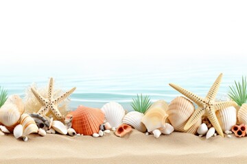 Poster - Seashells and starfish arranged neatly on a sandy beach. Perfect for beach-themed designs