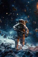 Poster - An astronaut in a space suit walking on a rocky surface. Suitable for science fiction or space exploration concepts