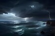 Night sea dramatic landscape with a storm. Night storm on the ocean. Gloomy giant waves and lightning. Dark cloudy sky above the water. Generative AI