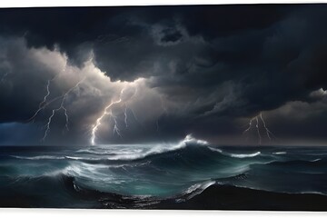 night sea dramatic landscape with a storm. night storm on the ocean. gloomy giant waves and lightnin