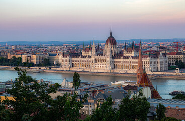 View of the Hungarian Parliament and the Danube river from the Fisherman's Bastion in Budapest
