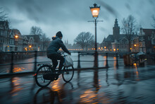 Person Riding A Bike In Amsterdam City Centre, Evening, Morning, Sunset, Sunrise