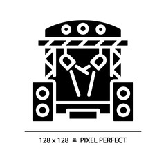 Poster - Music festival pixel perfect black glyph icon. Concert stage. Stereo music. Audio performance. Nightlife activity. Silhouette symbol on white space. Solid pictogram. Vector isolated illustration