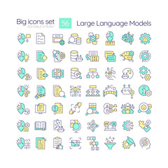 Sticker - Large language models RGB color icons set. Artificial intelligence. Content generation. Machine learning. Isolated vector illustrations. Simple filled line drawings collection. Editable stroke