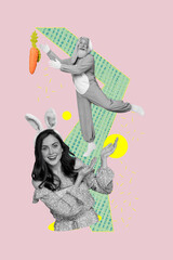 Sticker - Vertical collage greeting card of lovely attractive girl showing funky man wear bunny hare rabbit costume isolated on drawing background