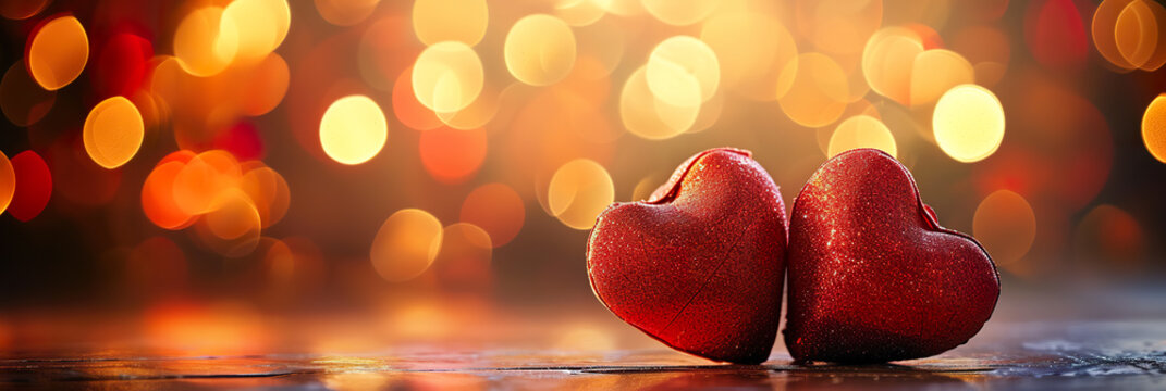 Two red hearts on table with bokeh background, illustration