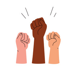 Fists raised up, protesting, fighting for equal rights, equality. Activists, diverse strong hands struggling for freedom, against discrimination. Flat vector illustration isolated on white background