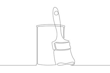 Poster - Construction and repair. A wide brush and a can of paint. Can of paint. Brush.One continuous line . Line art. Minimal single line.White background. One line drawing.