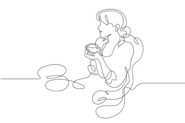 Woman drinking morning coffee. Girl with a cup of hot drink.One continuous line . Line art. Minimal single line.White background. One line drawing.