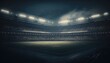 Soccer stadium illuminated at night, radiating energetic and motivational atmosphere. The bright stadium lights cast a glow over the lush green field, readying the scene for a thrilling game. AI