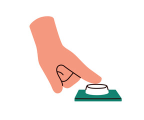 Poster - Pushing, pressing, touching, tapping control button with finger. Hand switching, turning on and off, stopping with desk switcher. Flat graphic vector illustration isolated on white background