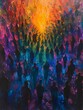 Capture the essence of a society where auras are visible - depict a diverse crowd with vibrant auras blending and communicating without words, symbolizing unity and understanding