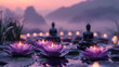 Soothing lavender and ivory-themed background captures the serenity of Vesak, with flickering candlelight, fragrant lotus blooms, and serene meditating figures