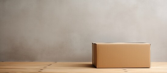 Canvas Print - A beige cardboard box placed on a brown rectangular wooden table made of hardwood. The tabletop is stained with a wood stain, contrasting with the laminate flooring made of plywood underneath