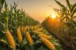 corn in corn field ready to harvest with sunrise background. agriculture, farming and harvesting concept