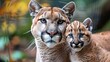 Male puma and cub portrait, object on right, empty space on left for text placement