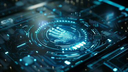 Poster - fingerprint scanning biometric verification, modern digital cyber security technology concept, data network protection with biometric authentication 