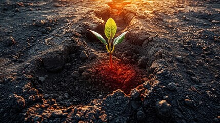 Poster - Growing money, finance, and investment. The business arrow represents the growth, profit, development and success of a company. The young plants on the coin stacks are growing.