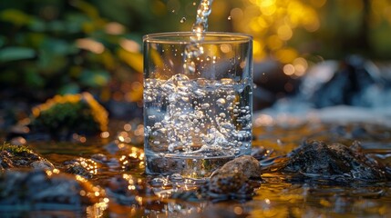 Aufkleber - Using a glass to pour water against the background of nature