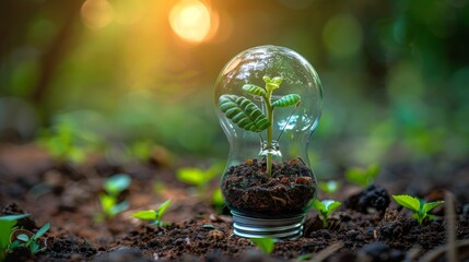 Aufkleber - Plant sprouts and soil inside a light bulb