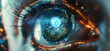 A close up of a blue eye with a clock in the center. The eye is surrounded by a blurry background with a bright blue hue. The clock is set at 12:00