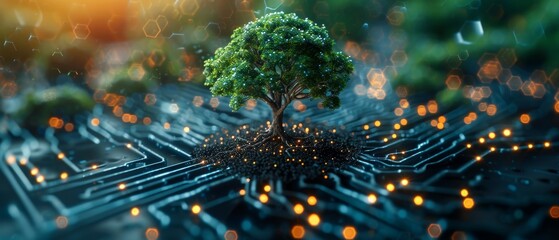 Poster - A tree grows on a circuit board with soil growing on it. Blue light and wireframe network background. Green Computing, Green Technology, Green IT, CSRA, and IT ethics concept.