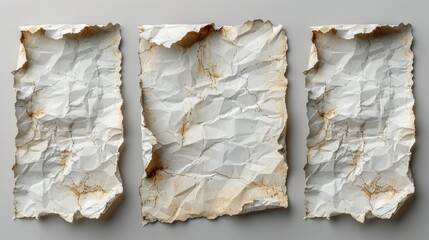 Poster - Modern illustration of ripped and crumpled notes and scraps isolated on gray background. Blank paper pages pieces.