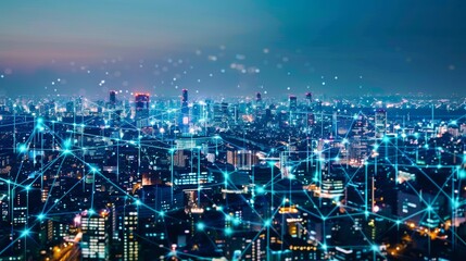 Poster - The concept of modern cities and communication networks. Big data. 5G. Communication networks. IoT (Internet of Things). ICT (Information Communications Technology). The concept of smart cities.