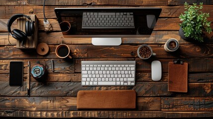 Fototapete - Top view of workplace with computer, stationery, coffee cup, plant, and headphones on wooden table. Modern cartoon flat lay of workplace with monitor, keyboard, phone, note book, and headphones.