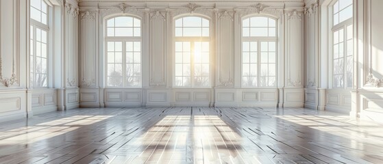 Fototapete - White empty room with dark laminate flooring, classic style interior. Architecture of a blank space.