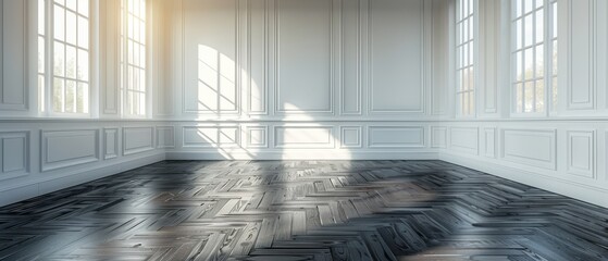 Poster - A shadow is cast by the sun on a white empty room and a dark laminate wood floor, a classic design style. An empty space is an architecture.