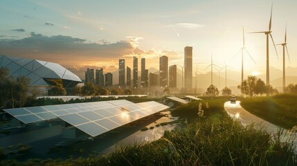 Aufkleber - An abstract design showing a sustainable energy solution in a sunset background. The scene includes frameless solar panels, battery energy storage tanks, wind turbines, and a big city with