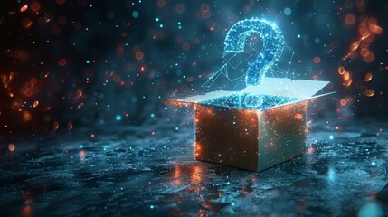 Fototapete - Isolated modern illustration featuring a blue question mark flying from an open box. Design in a low-poly style. Geometric background. Wireframe light connection structure. Modern 3D graphic concept.