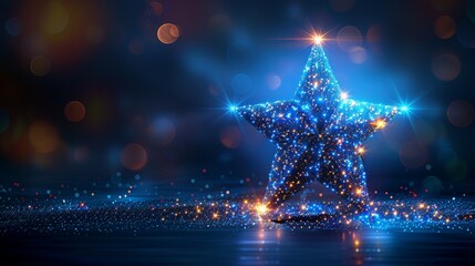 Fototapete - The abstract illustration shows a blue star on the background. The background is created with low poly style design. Abstract geometric background. Wireframe light structure. Modern 3D graphic