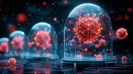 Poster - The virus outside the transparent glass dome represents the immune system and protection from viruses. An abstract red virus is underneath the transparent glass dome. Low poly digital style. Blue